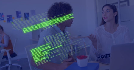 Image of data processing over diverse business people in office. Global finance, business,...