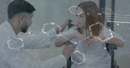 Chemical structures and molecular formulas image over doctor examining young patient. Science, healthcare, consultation, medical, examination, patient careの写真素材
