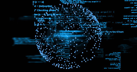 Image of globe with data processing on black background. Global technology, connections, computing...