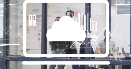 Image of financial data processing over diverse business people in office. Global finance, business, connections, computing and data processing concept digitally generated image.の写真素材