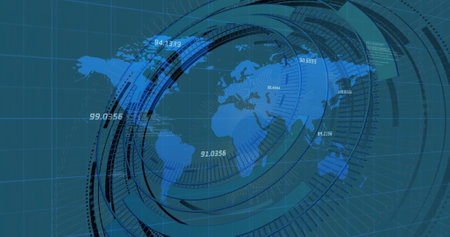 Image of data processing over scope scanning and world map. Technology, business and digital...