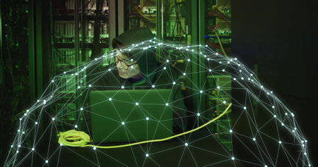 Image of digital data processing with globe over it asian male technician computer servers. Global...