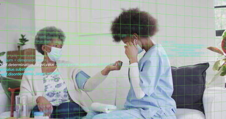 Image of data processing over biracial female doctor taking pressure of patient. Technology, medicine and digital interface concept digitally generated image.の写真素材