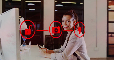 Image of network of connections with digital icons over caucasian businesswoman using smartphone. Global connections, computing and data processing concept digitally generated image.の写真素材