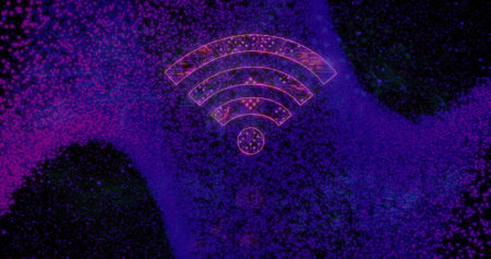 Image of wifi icon with computer circuit board over spots on black background. Global technology,...