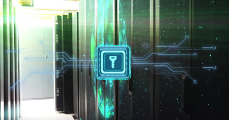 Image of digital data processing with key icon over computer servers. Global connections, computing...