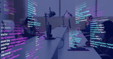 Image of data processing over diverse business people in office. Global finance, business, connections, computing and data processing concept digitally generated image.の写真素材