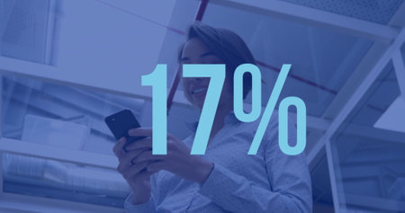 Image of percents over biracial businesswoman using smartphone. Social media, technology, business...