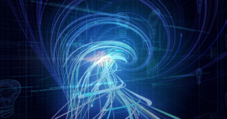 Image of light trails over data processing and light bulb on black background. Global technology, connections, computing and digital interface concept digitally generated image.の写真素材