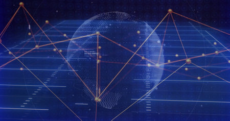 Image of network of connections and data processing over globe on black background. Global technology, connections, computing and digital interface concept digitally generated image.の写真素材