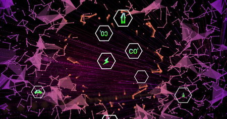 Hexagonal icons with eco-friendly symbols over abstract digital network image. sustainability,...
