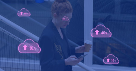 Image of clouds with percents and arrow over caucasian businesswoman using smartphone. Social media,...