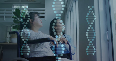 Image of dna strands over asian female doctor with senior patient. Technology, medicine and digital...