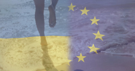 Ukraine and eu flags image over water splashing on beach. symbolism, patriotism, continent, motion, blue, wavesの写真素材