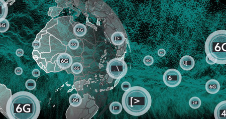 5G and 6G network coverage image over digital world map. Technology, connectivity, global,...