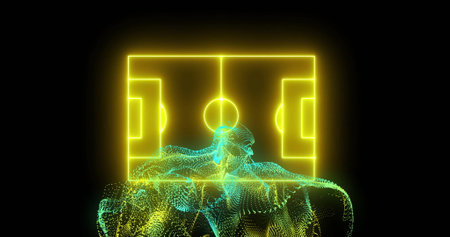 Neon yellow soccer field image over blue and yellow digital waveforms. sports, graphics, abstract, technology, design, patternの写真素材