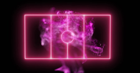 Pink glowing lines and particles image over dark background. Abstract, bright, futuristic, digital, neon, energyの写真素材