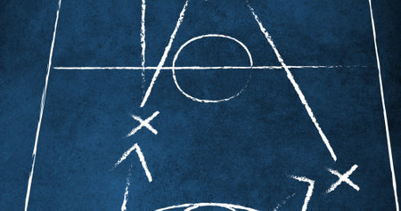 Chalkboard strategy image with arrows and lines over blue background. Business, diagram, planning, visualization, growth, successの写真素材