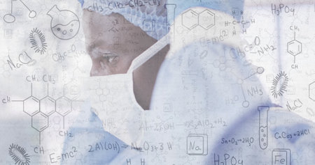 Image of chemical equations over african american male surgeon wearing face mask. Medicine and digital interface concept digitally generated image.の写真素材