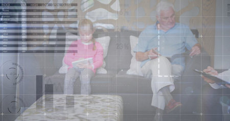 Image of financial data processing over caucasian male doctor and patients in waiting room. Global...