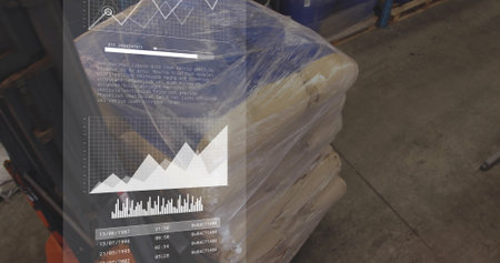 Image of diagrams and data processing over warehouse. Technology, delivery and digital interface...