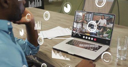 Image of data processing over diverse colleagues having image call in office. Business, technology and digital interface concept digitally generated image.の写真素材