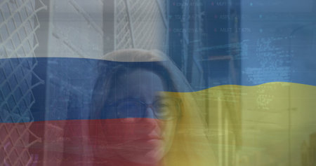 Image of flags of russia and ukraine over caucasian woman in city street. war, conflict, city living...