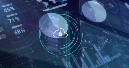 Image of padlock and cloud icon and computer data processing over dark background. Global finance, business, connections, computing and data processing concept digitally generated image.の写真素材