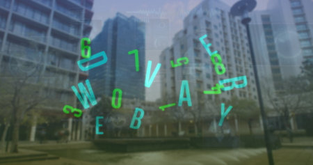 Image of financial data processing over office buildings. Global finance, business, connections,...