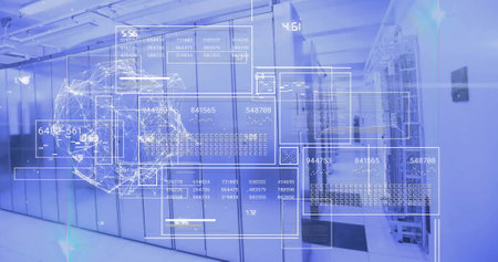 Image of data processing over computer servers. Global finance, business, connections, computing and data processing concept digitally generated image.の写真素材