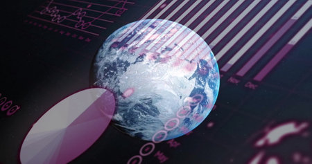 Image of financial data processing over globe. Global finance, business, connections, computing and...