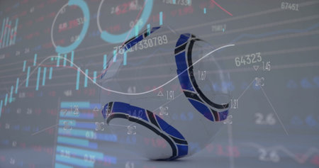 Image of financial data processing over football on grid. Global finance, business, connections, computing and data processing concept digitally generated image.の写真素材