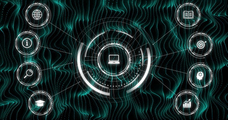 Image of scope scanning with icons over lines on black background. Global technology, computing and...
