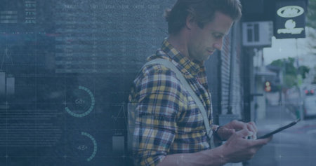 Image of financial data processing over caucasian man using smartphone. Global business, finances,...