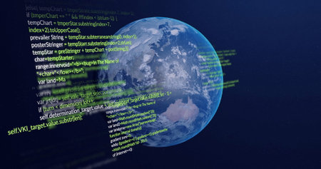 Image of digital data processing over globe. Global finance, business, connections, computing and data processing concept digitally generated image.の写真素材