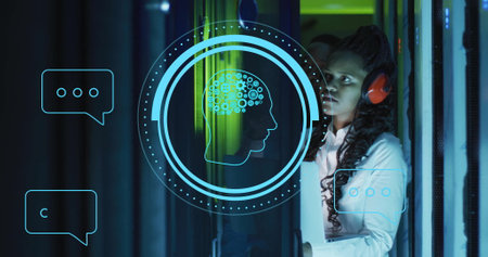 Image of ai brain and data over african american it woman by computer servers. Global artificial...
