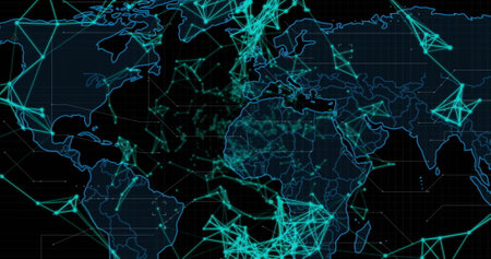 Image of data processing over world map on dark background. Global finance, business, connections,...