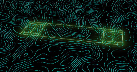 Image of green glowing lines over neon sports field. Global sports, connections, computing and data processing concept digitally generated image.の写真素材