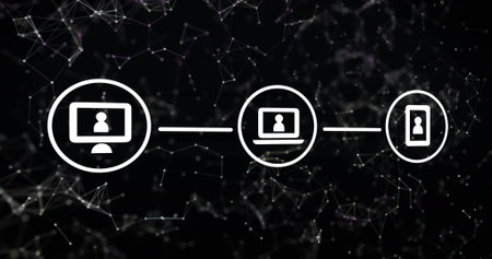Image of network of connections with icons on black background. Global connections, computing, online security and digital interface concept digitally generated image.の写真素材