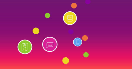 Image of media icons over purple background. Social media and digital interface concept digitally generated image.の写真素材