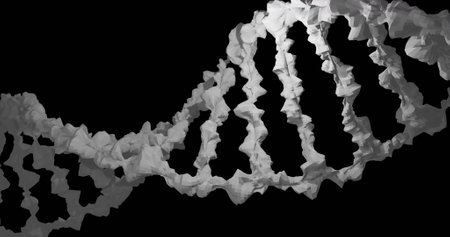 Image of moving white dna strand on black background. Shapes and science concept digitally generated image.の写真素材