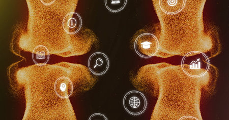 Image of data and media icons processing over orange network waves on black background. Connection, data, processing, digital interface and communication, digitally generated image.の写真素材