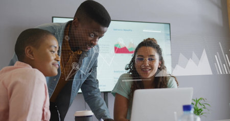 Image of financial data processing over diverse business people in office. Global finance, business, connections, computing and data processing concept digitally generated image.の写真素材