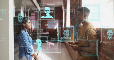 Image of id profiles and processing data over diverse colleagues talking at casual office. Business,...
