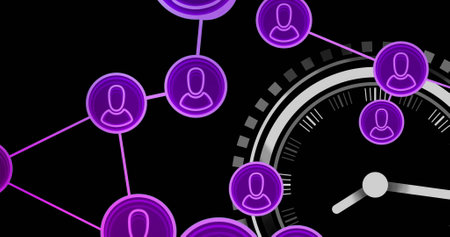 Image of purple network of people icons over scanner with clock hands on black background. Connection, data, processing, digital interface and communication, digitally generated image.の写真素材