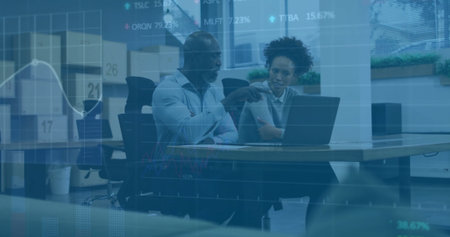 Image of financial data processing over diverse business people in office. Global finance, business,...