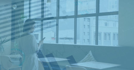 Image of financial data processing over asian businesswoman using smartphone in office. Global...