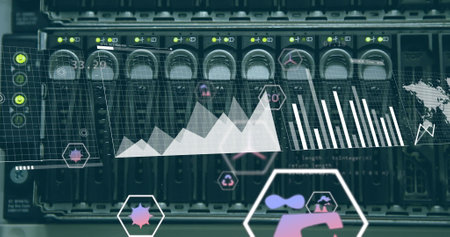 Image of diagrams and data processing over server room. Global technology and digital interface concept, digitally generated image.の写真素材