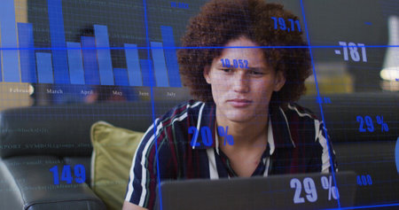 Image of financial data processing over biracial businessman in office. Global finance, business,...