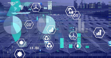 Image of digital data processing and eco icons over solar panels. Global eco energy, environment,...